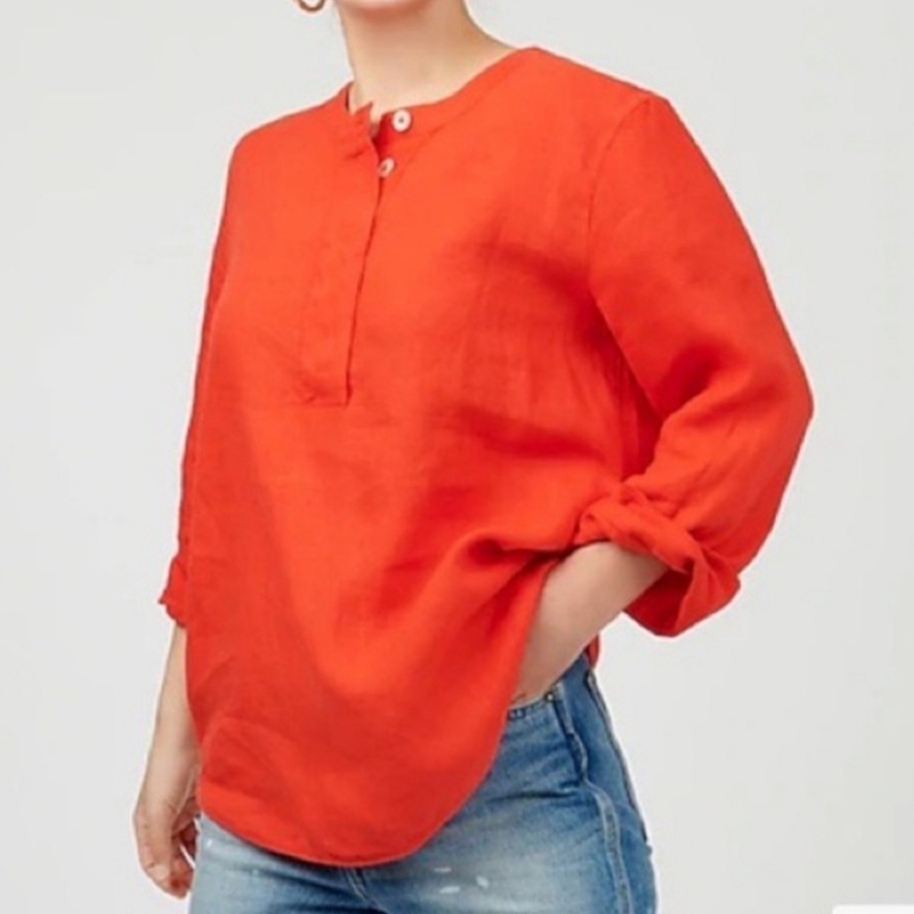 J Crew Button Front Pullover Red 100% Linen Tunic Size Small